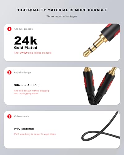 3.5mm Male to Male Audio Aux Cable 30ft, AUX Cable for Beats Headphones, iPods, iPhones, iPads, Home/Car Stereos and More - size: 30Ft