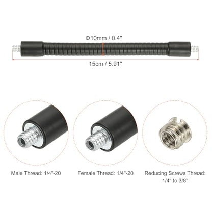 PATIKIL 6" Gooseneck, 1/4"-20 Male to Male Thread Metal Universal Hose Flexible Arm Gooseneck Tube Extension Holder with Reducing Screws for Action Camera, Phone, Microphone, Black - size: 15cm