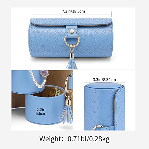 VLANDO Travel Jewelry Organizer, 3 Tier Roll Up Design, Hard Shell Storage | Stepped Sections Compartments Keep Jewelry Visible, Soft Lining Protect Pieces, Snap Closure, Travel Gift for Women Girl - color: Blue