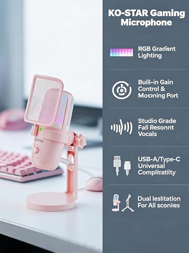 Pink USB Condenser Microphone for Gaming, PC Mic with 2 Pickup Patterns, RGB Light, Tap-to-Mute, 96KHz/24Bit for Streaming Podcast YouTube Recording, Plug & Play for PS4 PS5 Computer Accessories
