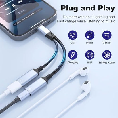 Opluz iPhone Splitter for Charging and Headphone,2 in 1 Dual Lightning Splitter for Earphone, iPhone Audio and Charge Adapter Dongle Cable for Phone 14/13/12/11/pad