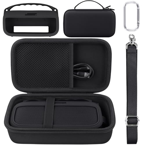 co2CREA Hard and Silicone Travel Case for Bose SoundLink Flex 2/1, Black | 2nd Gen Compatibility, Dual-Layer Protection, EVA Hard Shell, Silicone Cover, Adjustable Shoulder Strap, Aluminum Carabiner - color: Black Case