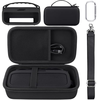 co2CREA Hard and Silicone Travel Case for Bose SoundLink Flex 2/1, Black | 2nd Gen Compatibility, Dual-Layer Protection, EVA Hard Shell, Silicone Cover, Adjustable Shoulder Strap, Aluminum Carabiner - color: Black Case