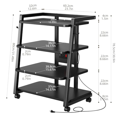 CABTE Mobile AV Media Stand with Outlets and 4 Rolling Caster Wheels | 4-Tier Rolling TV Stand for Gaming Console, Stereo, DVD Player, Sturdy Metal Frame, Versatile Living Room,Bedroom (Black) - color: Black