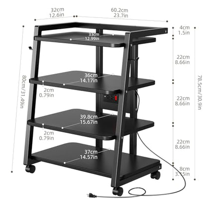 CABTE Mobile AV Media Stand with Outlets and 4 Rolling Caster Wheels | 4-Tier Rolling TV Stand for Gaming Console, Stereo, DVD Player, Sturdy Metal Frame, Versatile Living Room,Bedroom (Black) - color: Black