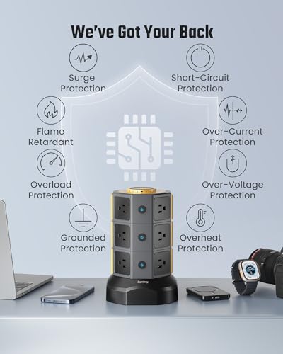 Power Strip Tower, SUPERDANNY Surge Protector Tower with 15W Wireless Charger, 1050J, 13A Charging Station with 12 AC Outlets & 6 USB Ports (2 USB C), 6.5ft Extension Cord for Home Office Dorm, Gold | Surge Protector Tower, Charging Station with 12 AC Out