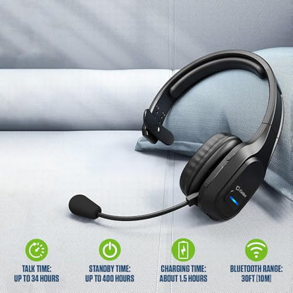 Cellet Overhead Boom Mic Wireless Headset with Noise Cancelling, Echo Reduction, 34H Talk Time, 30ft Range – Adjustable Headband, All-Day Comfort