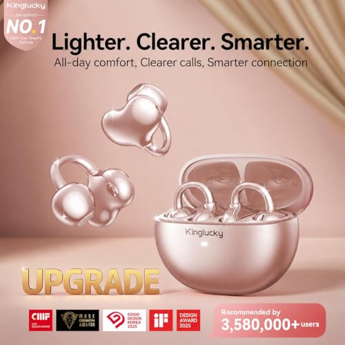 Kinglucky Upgraded Clip-On Earbuds, Open Ear Earbuds Comfortable Secure Fit | Crystal-Clear Sound, 40H Playtime, Wireless Headphones Bluetooth 6.0 for Women, Glasses & Small Ears, Sports, IP56, Rose Gold - color: Rose Gold