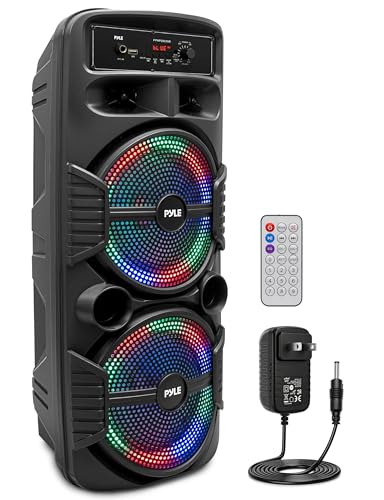 Pyle Portable Bluetooth PA Speaker System - 600W Rechargeable Outdoor Bluetooth Speaker Portable PA System w/ Dual 8” Subwoofer 1” Tweeter, Microphone In, Party Lights, USB, Radio, Remote - PPHP2835B - color: Ebony