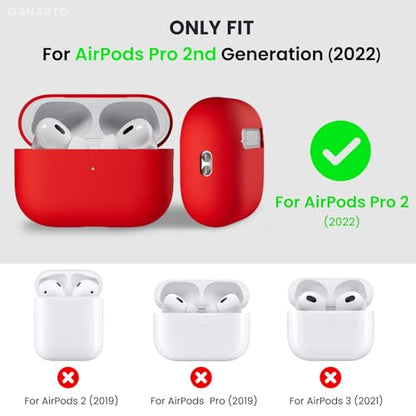 ORNARTO for AirPods Pro 2 Case, Hybrid Silicone, Red | Hybrid Silicone Rubber, Front LED Visible, Wireless Charging, Skin-Friendly Soft Touch, Anti-Scratch, Detachable Lanyard - color: Red