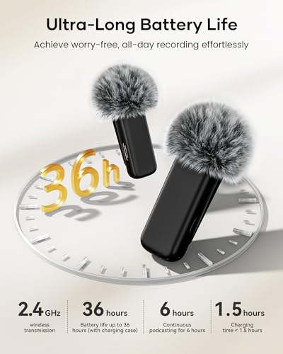 Wireless Lavalier Microphone with Charging Case, 36H Battery Life, Noise Cancellation, 135ft Range, Plug-and-Play Clip-On Mic for iPhone, iPad, Android, YouTube, Vlog, Live Streaming - color: Matte Black, size: With Case