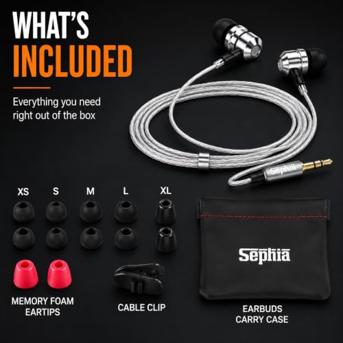 Sephia SP3060 Earbuds Wired in-Ear Headphones | HD Bass Driven Audio, Lightweight Aluminum, S/M/L Ear Bud Tips, Earphone Case, 3.5mm, Tangle-Free Cord, No Mic