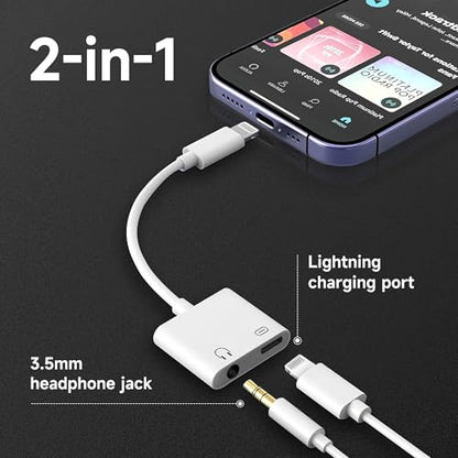 [Apple MFi Certified] 2 Pack Lightning to 3.5mm Headphone Jack Adapter, 2 in 1 Headphone Adapter Aux Audio and Charger Adapter Dongle Cable Splitter Compatible with iPhone14/13/12/11/XS/XR - color: 3.5+Charger, size: Lightning