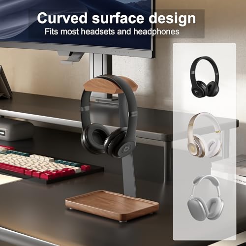 Wooden Headphone Stand, Solid Wood Desktop Organizer | Headset Holder for desk with Storage Base for AirPods Max, Sony, Bose, Razer, Sennheiser, Gaming Equipment and Accessories