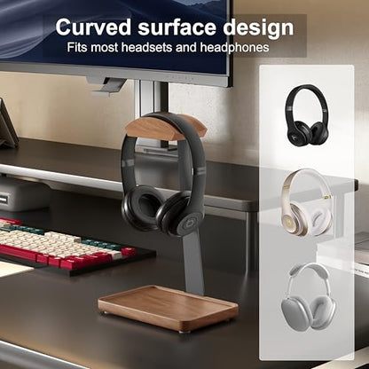Wooden Headphone Stand, Solid Wood Desktop Organizer | Headset Holder for desk with Storage Base for AirPods Max, Sony, Bose, Razer, Sennheiser, Gaming Equipment and Accessories