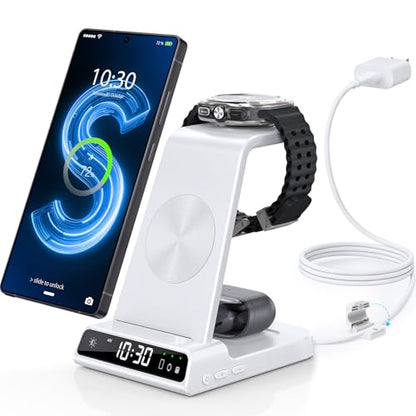 Wireless Charger for Samsung S25 with Clock 3 in 1 Android Charging Station | Charging Station for Galaxy S25 Ultra,Z Flip 7,Fold,Galaxy Bud,Watch Charger for Galaxy Watch 8,7,6,5Pro, Nightstand Charger - color: White