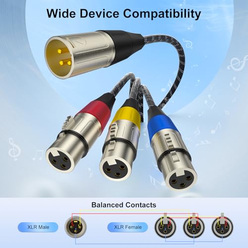 J&D XLR Splitter Cable, Gold Plated 3 Pin XLR 1 Male to 3 Female Adapter, Balanced Microphone Cord for Mixer, AMP, Limiter, Speaker and Recording Equipment, 1.6 Feet - size: 1.6 ft