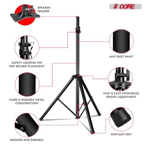 5 Core Speaker Stand Pair Universal Mount Steel Construction 132 Lb Capacity Stable Tripod w/Adjustable Height 72” w 35mm Compatible Insert Metal Safety Pin Included Bag - color: Black