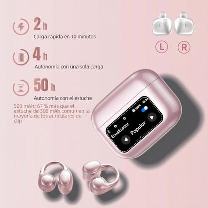 Open Ear buds,Clip On Earbuds Wireless with Touchscreen Case, Lightweight 4g , Bone Conduction Headphones for Running, Workouts , 50H Battery for Glasses wear , small ears,Bluetooth 6.0 , Rose Gold - color: Rose Gold