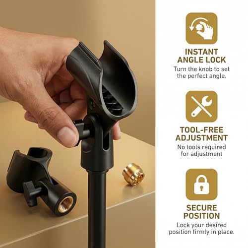 Upgraded Adjustable Microphone Clip, Universal Mic Clip Holder for Mic Stand, Compatible with Dynamic Microphone, Come with 5/8" to 3/8" Screw Adapter