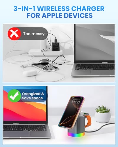 JoyGeek 3-in-1 Charger Stand for Magsafe: Foldable Wireless Charging Station with Night Lights - Magnetic Charger Dock for iPhone 15/14/13/12 Pro/Max/Plus, AirPods, Apple Watch 2-9 (Light Grey) - color: Light Grey