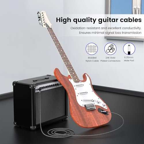 MOSWAG Electric Guitar Cable 6FT, 1/4 Inch Electric Instrument Bass AMP Cord, Straight to Right Angle 6.35mm Cable Compatible with Bass, Mandolin, Electric Keyboard, Amplifier - size: 6 ft
