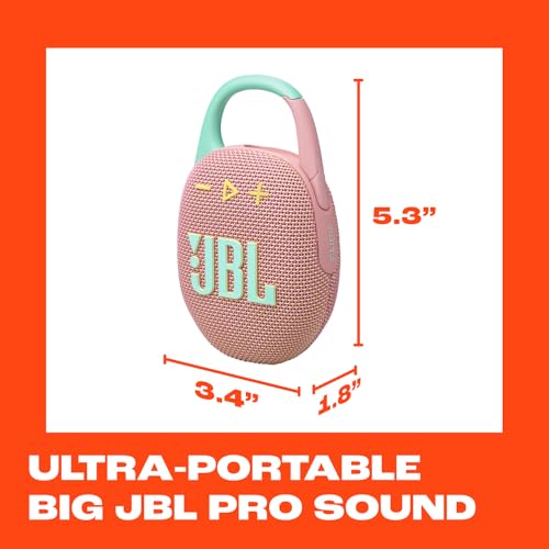 JBL Clip 5 - Ultra-Portable Waterproof Speaker - Pink | Ultra-portable JBL Pro Sound, Redesigned carabiner, Up to 12 hours of playtime plus 3 hours with Playtime Boost - color: Pink