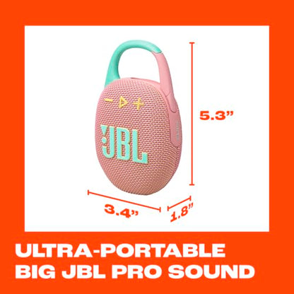 JBL Clip 5 - Ultra-Portable Waterproof Speaker - Pink | Ultra-portable JBL Pro Sound, Redesigned carabiner, Up to 12 hours of playtime plus 3 hours with Playtime Boost - color: Pink