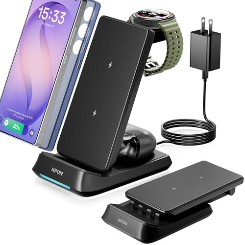3 in 1 Charging Station for Samsung, Wireless Charger for Thick Cases, Foldable Phone and Watch Charger Stand for Galaxy S26/S25/S25 Ultra/S24/Z Fold/Android Devices, Galaxy Watch and Earbuds