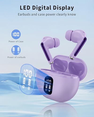 Wireless Earbuds, Bluetooth 5.4 Ear Buds Bass Stereo, Headphones with Noise Cancelling Mic, LED Display in Ear Earphones Clear Calls, IP7 Waterproof Bluetooth Earbuds for Phone/Android/iPad, Purple - color: Purple