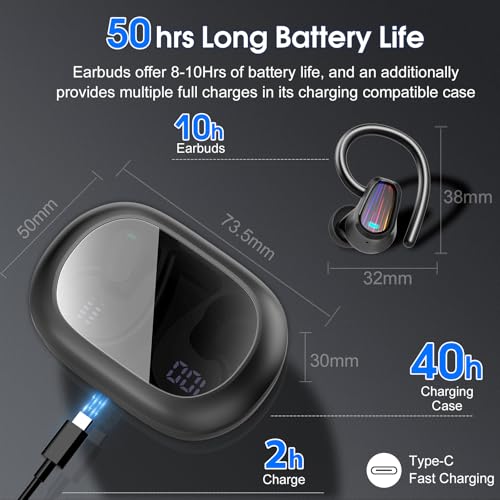 Wireless Earbuds, Bluetooth 5.4 Headphones Sport, Over Ear Buds with ENC Noise Canceling Mic, Deep Bass Stereo Ear Buds with Hook, 50H Playback, LED Display, IP7 Earphones for Workout Running, Black | 50H Playback, IP7 Waterproof Earphones for Workout Run