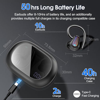 Wireless Earbuds, Bluetooth 5.4 Headphones Sport, Over Ear Buds with ENC Noise Canceling Mic, Deep Bass Stereo Ear Buds with Hook, 50H Playback, LED Display, IP7 Earphones for Workout Running, Black | 50H Playback, IP7 Waterproof Earphones for Workout Run