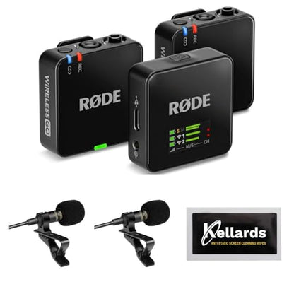 Rode Wireless GO (Gen 3) 2-Person Compact Digital Wireless Microphone Recorder Black Bundle with Grade Lavalier Lapel Microphone (2 Pack), Kellards Cleaning Cloth