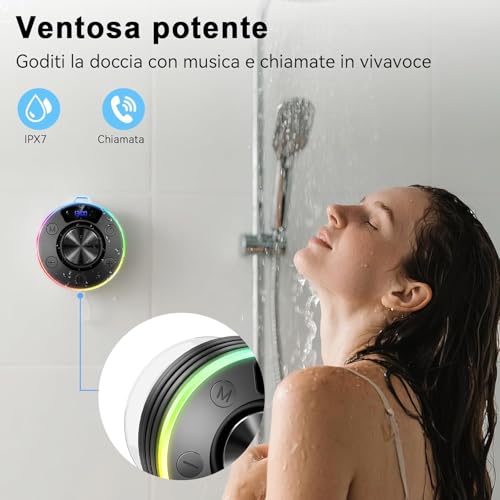 Shower Bluetooth Speaker, IPX7 Waterproof Portable Bluetooth 5.4 Speakers with Suction Cup, Hook, Digital Time Display, RGB Light, Built-in Mic for Bathroom Party Beach Outdoor Gifts - color: Grey
