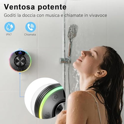 Shower Bluetooth Speaker, IPX7 Waterproof Portable Bluetooth 5.4 Speakers with Suction Cup, Hook, Digital Time Display, RGB Light, Built-in Mic for Bathroom Party Beach Outdoor Gifts - color: Grey