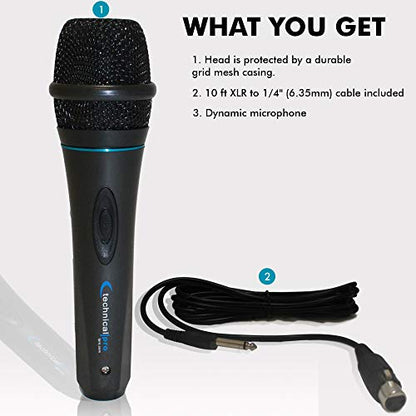 Technical Pro 8 Inch Portable 800 W Bluetooth Speaker w/Woofer & Tweeter | Portable Microphone w/Digital Processing, Wired Mic Included, XLR to 1/4", Black Karaoke DJ Wired Microphone - style: Speaker With Mic (Black)