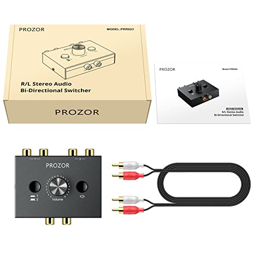 PROZOR RCA Stereo Audio Switcher - 2 in 1 Out R/L Stereo Audio Switch, 1 in 2 Out Stereo Audio Switcher Selector with Mute Button and No External Power Required (Black 2-1) | RCA L/R Stereo Switch with Volume Control, Mute Button, Passive Design and No Ex
