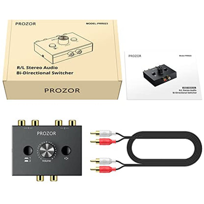 PROZOR RCA Stereo Audio Switcher - 2 in 1 Out R/L Stereo Audio Switch, 1 in 2 Out Stereo Audio Switcher Selector with Mute Button and No External Power Required (Black 2-1) | RCA L/R Stereo Switch with Volume Control, Mute Button, Passive Design and No Ex