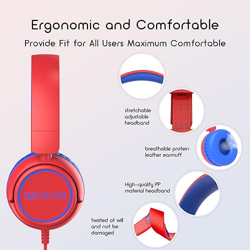 IMYB Kids Headphones Wired, Stereo Foldable Tangle-Free 3.5mm Jack Adjustable On-Ear Headphones for Kids/Toddlers/Children/Teens/Boys/Girls/School/Ipad/Tablet/Kindle/Phones/Travel/Plane (Red) - color: Red