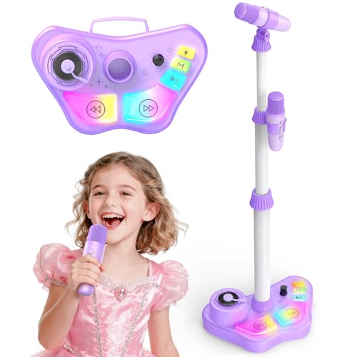 Kids Stand Rechargeable Karaoke Machine Toys with 2 Wireless Mic, Microphone Gifts for 3 4 5 6 7 8 Year Old Girls Grandkids, Bluetooth Speaker with LED Lights Birthday Gift for Age 3-8 - color: Purple