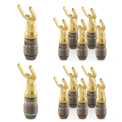 Nakamichi FanLock 24k Gold Plated Spade Y Connector Banana Plugs, 10-18 AWG | Excel Series, Gauge Size 4mm for Speakers Amplifier Hi-Fi Stereo Radio AV Audio Wire Cable Quick Connector, 12 Pcs (6-Pairs) - size: 12 Pcs (6-Pairs)