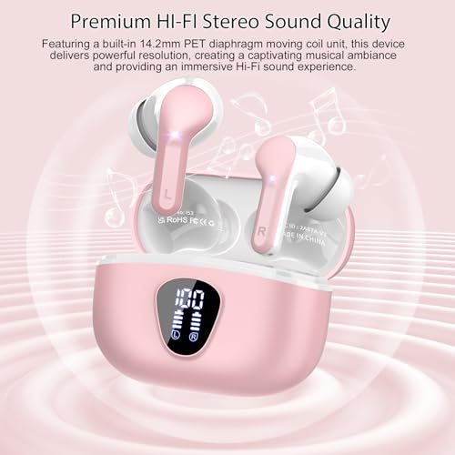 Wireless Earbuds, Bluetooth 5.4 Headphones HiFi Stereo, Bluetooth Earbuds | With ENC Noise Cancelling Mic, IP7 Waterproof in Ear Earphones, 48H, LED Display Ear Buds for Pad Phones Workout Sports, Pink - color: B-Pink