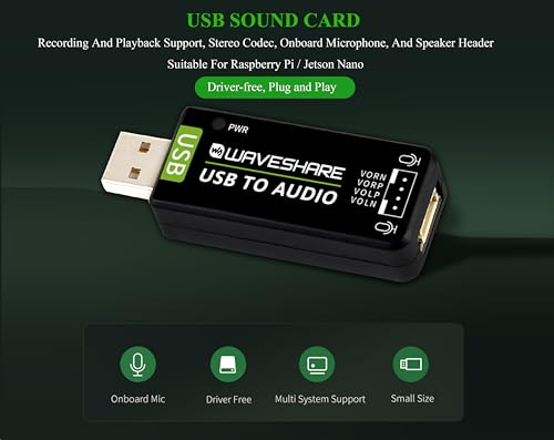 USB Sound Card, Compatible with Raspberry Pi 5/4B/3B+/3B/Pi Zero W/Zero 2W/Pico W/Pico 2W and Jetson Nano Series, USB Audio Module,Onboard Microphone/Speaker Header, Driver-Free