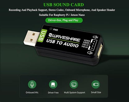 USB Sound Card, Compatible with Raspberry Pi 5/4B/3B+/3B/Pi Zero W/Zero 2W/Pico W/Pico 2W and Jetson Nano Series, USB Audio Module,Onboard Microphone/Speaker Header, Driver-Free