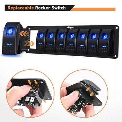 Nilight 8 Gang Rocker Switch Panel SPST On Off Toggle with DIY Label Sticker | 5PIN Electrical 12V/20A 24V/10A Aluminum Plate with Pre-Wired Jumper Wires for LED Light Bar RV Boats 4X4 Cars Blue - color: Blue, size: 8 Gang