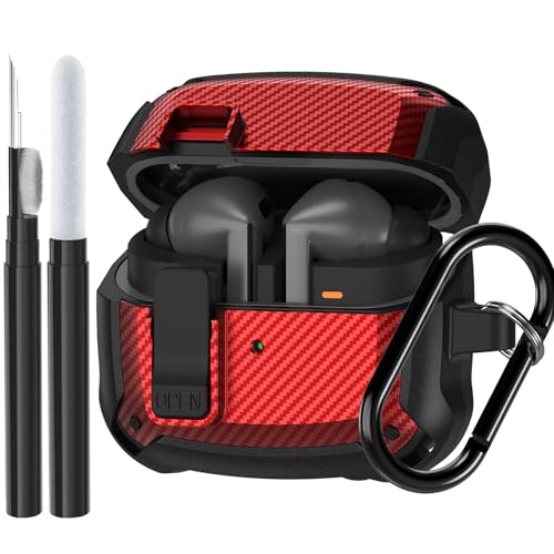 Compatible Samsung Galaxy Buds 3 Pro Case/Bud 3 Cover Clip with Cleaner Kit, Military Shell Protective Armor Case Cover with Lock & Carabiner for Galaxy Buds 3/3 Pro 2024 Men Women Black Red - color: Black-Red