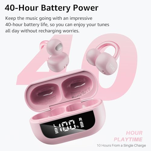 TOZO OpenEarRing Open Ear Earbuds 40H Bluetooth 5.4 Lightweight Comfort | Open Ear Clip On Wireless Earbuds with Smart Digital LED Display, Stable Connection, Secure Fit for Driving Workout Rose Gold - color: Rose Gold
