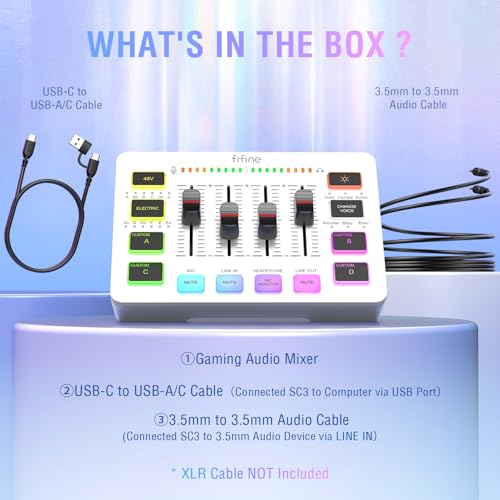FIFINE Audio Mixer, Gaming Streaming PC Mixer with Slider Fader, XLR Microphone Interface, Monitoring, for Video/Game Voice/Podcast Recording-AmpliGame SC3W | USB PnP For PC,Mute Button,XLR Preamp,RGB,Voice change,48V Phantom Power,Monitoring,Podcast,Reco