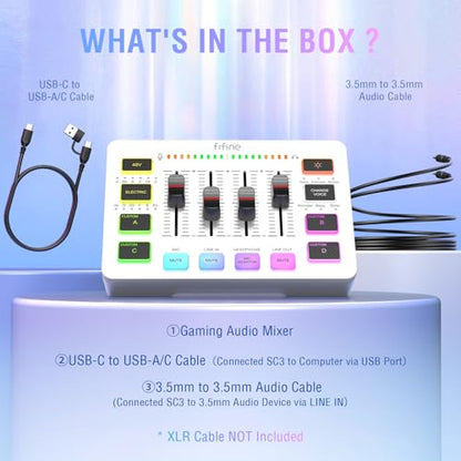 FIFINE Audio Mixer, Gaming Streaming PC Mixer with Slider Fader, XLR Microphone Interface, Monitoring, for Video/Game Voice/Podcast Recording-AmpliGame SC3W | USB PnP For PC,Mute Button,XLR Preamp,RGB,Voice change,48V Phantom Power,Monitoring,Podcast,Reco
