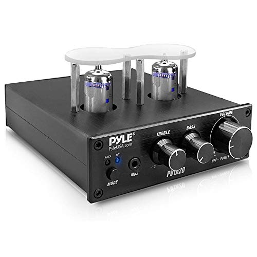 Pyle Bluetooth Tube Amplifier Stereo Receiver - 600W Home Audio Desktop Stereo Vacuum Tube Power Amplifier Receiver w/ 2 Vacuum Tubes, AUX/MP3/Microphone Inputs, Pure Copper Speaker Output - PVTA20 - style: Mini Tube Amplifier